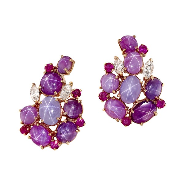 18K Star Ruby Diamond Earrings